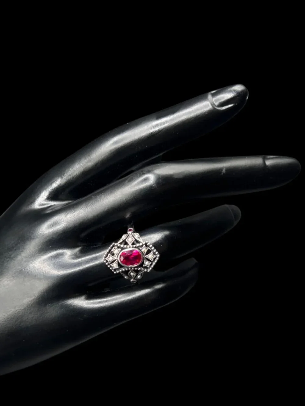 Vintage Art Deco Sterling Silver Ring With Dark Pink Red Tourmaline 925 in Box